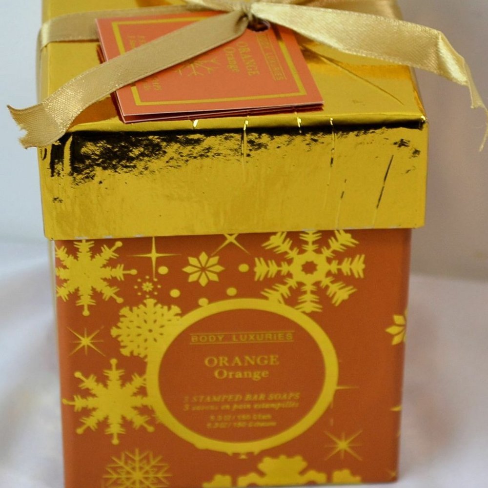 Body Luxuries Orange Embossed Soap Set of 3  Bars  of  Soap in a  Gifts Box